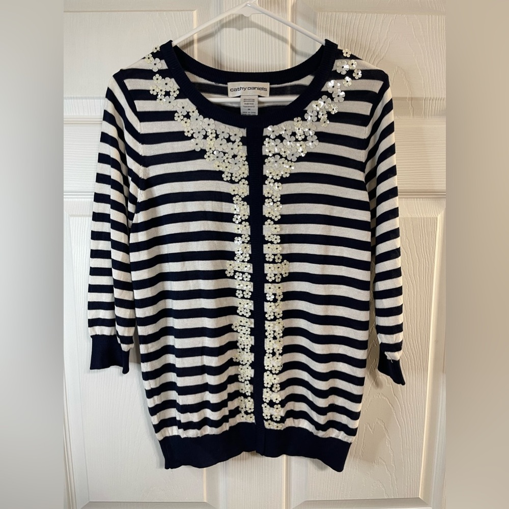 Cathy Daniels Sweater Navy & White Striped 3D Flower Embellishments Size M